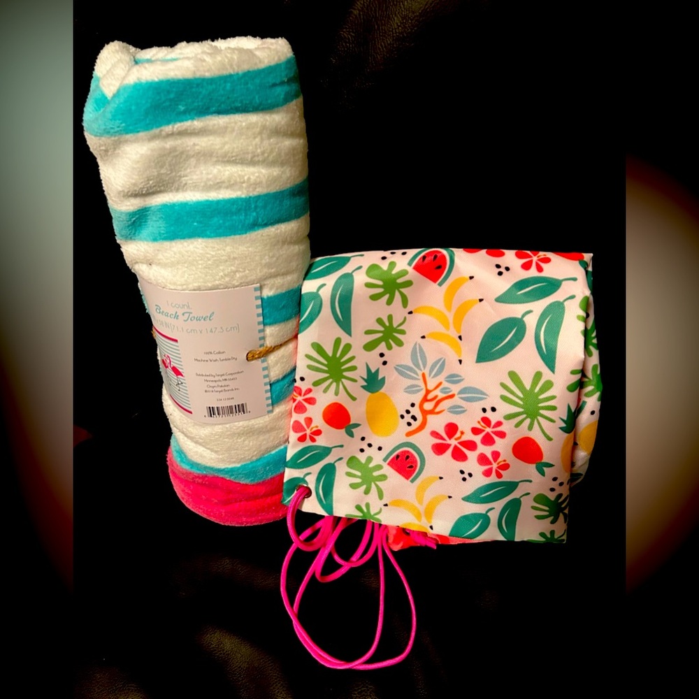 Brand new with tags two piece beach towel set with sling bag in pink